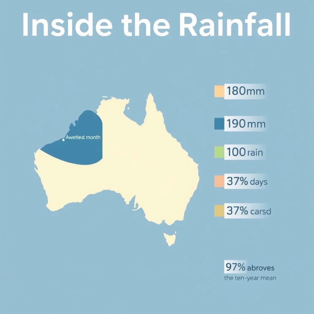 Printed poster titled "Inside the Rainfall". A simplified regional map with shaded bands sits at the center, carrying three keyed regions, "Wettest" shaded dark blue, "Average" shaded pale green and "Driest" shaded sand. Three stat chips run down a right column, reading "190mm in the wettest month", "100 rain days last year" and "7% above the ten-year mean". Each key color matches the shading of the region it names.