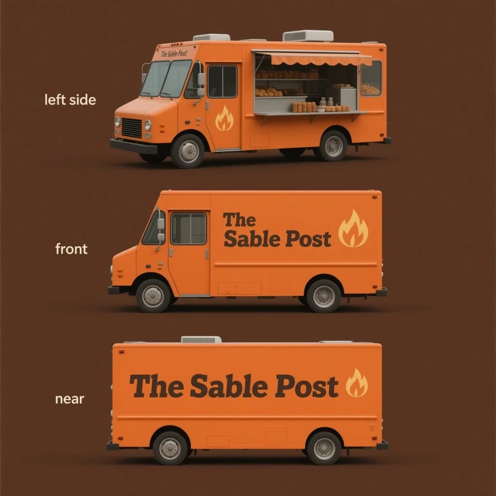 Printed poster: one food truck in three sides. The sides are captioned "left side", "front" and "rear" in that order. The wordmark "The Sable Post" appears on every side with a small flame icon beside it. The orange-and-brown coloring is the same across every side, and only the side changes.