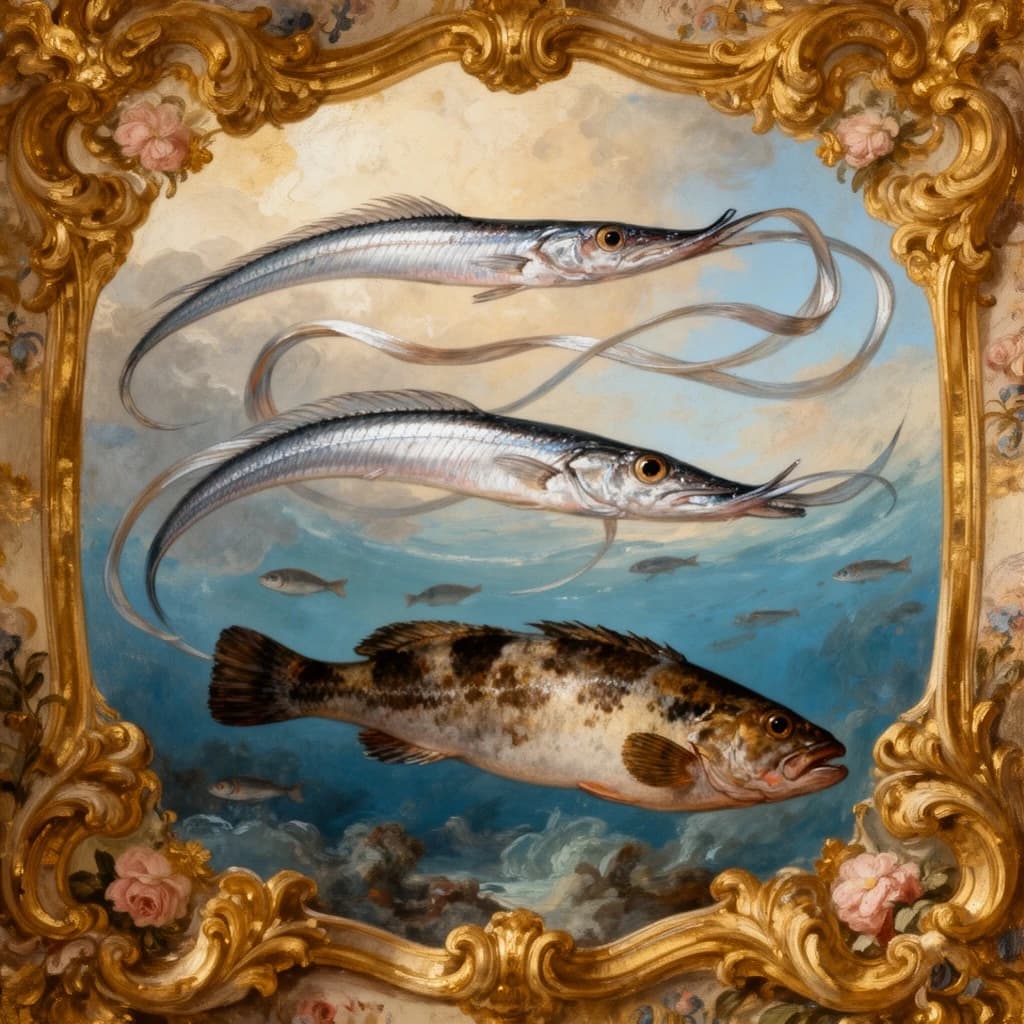 Ribbonfish and Tautog in Manila, Philippines in the style of rococo