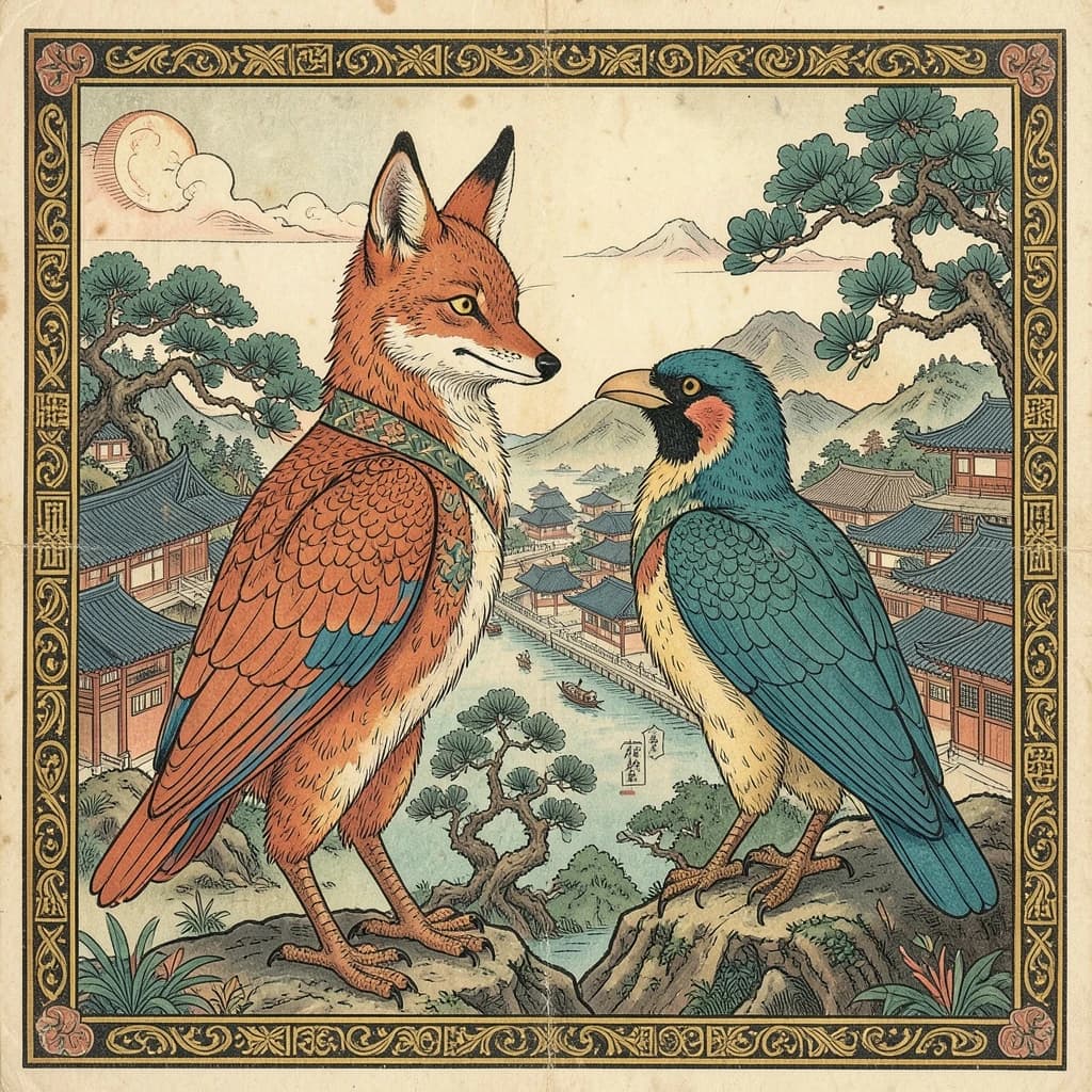 Fox and Turaco in Pyongyang, North Korea in the style of byzantine