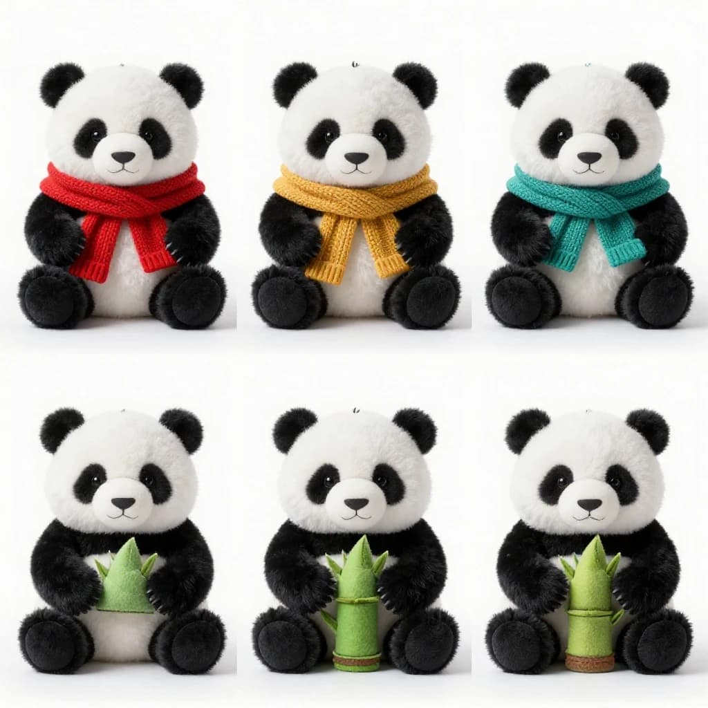Studio product photography, plain white variant grid: six panda plushes in two rows of three, all seated facing camera. The top row wears knit scarves in red, mustard and teal. The bottom three wear no scarves, each holding a small felt bamboo shoot.
