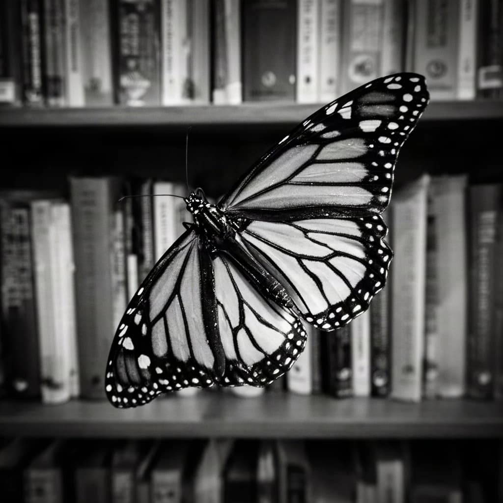 24mm f/2.8 full-length framing of a monarch butterfly in a quiet library, side-lit, natural lens compression, high-contrast black-and-white look