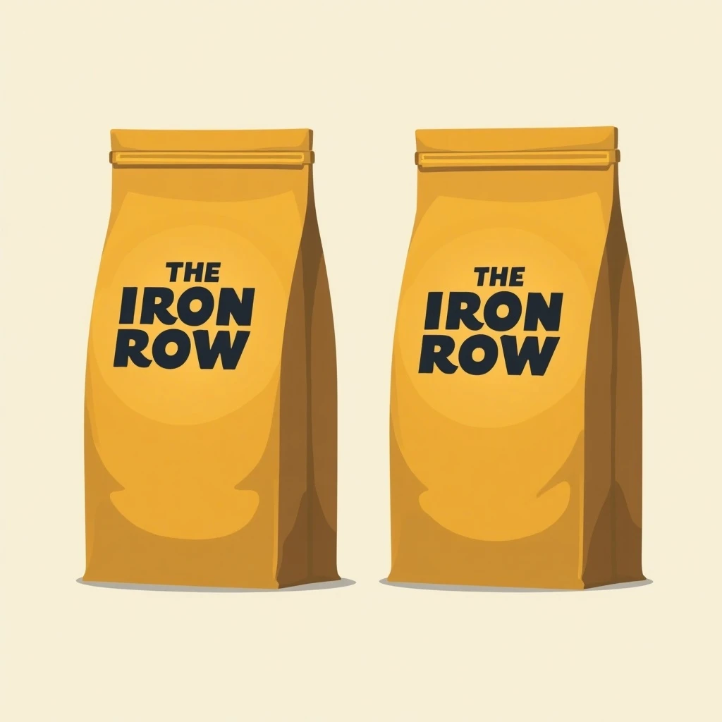 Flat vector illustration of the same coffee bag drawn in two views, captioned "front" and "side", every view carrying the wordmark "The Iron Row" in the same mustard-and-charcoal coloring, only the angle changing.