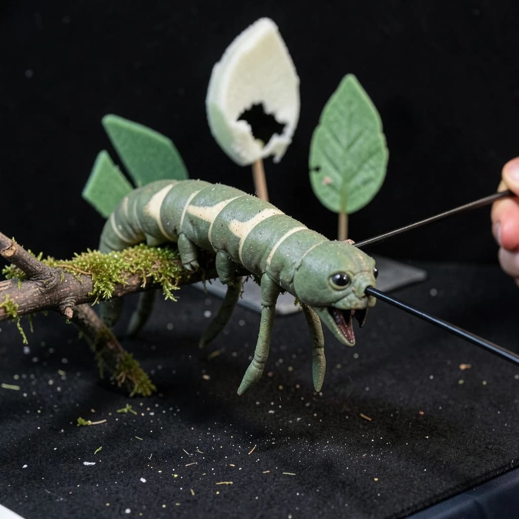 Macro photography of a practical effects test on a soundstage floor. A metre-long animatronic caterpillar puppet, dull green with a cream stripe, arched over a moss-covered branch: eight pairs of stubby legs, the front three pairs gripping the branch, the rest hanging free. Two thin black rods run out of frame to the right where a puppeteer's hands are just visible, and a third rod supports the head, which is turned toward camera with its mandibles open. Behind it, three sprayed foam leaves on stands, the middle one already chewed through. Hard key from above, black felt background, dust in the air.