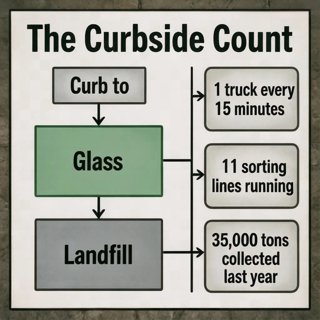 Printed poster titled "The Curbside Count": at the center a flow chart from curb to sorting floor, carrying two keyed regions, "Glass" shaded green and "Landfill" shaded gray, beside a right column of three stat chips reading "1 truck every 15 minutes", "11 sorting lines running" and "35,000 tons collected last year".