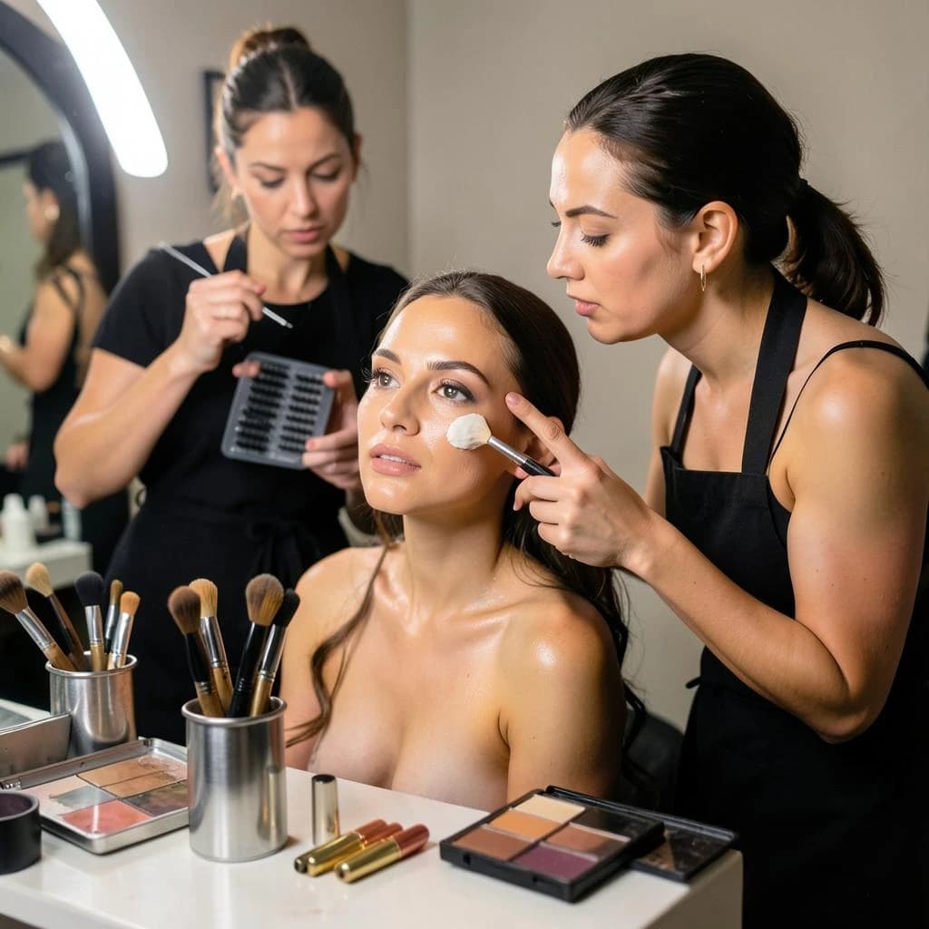 Fashion photograph at a backstage vanity lit by a ring light. A makeup artist in a black apron leans in from the right and blends cream blush into a seated model's cheekbone with her fingers, while a second artist standing behind them holds a lash tray in one hand and tweezers in the other, mid pick. On the counter between them: six brushes standing bristle up in a metal cup, three lipstick bullets lying in a row with their caps off beside them, and one open palette showing two used shades and four untouched. Warm skin tones, glossy highlights, shallow depth of field.
