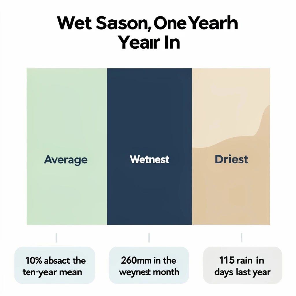 Flat vector illustration titled "Wet Season, One Year In". A twelve-month rainfall timeline sits at the center, carrying three keyed regions, "Average" shaded pale green, "Wettest" shaded dark blue and "Driest" shaded sand. Three stat chips run down a bottom row, reading "10% above the ten-year mean", "260mm in the wettest month" and "115 rain days last year". Each key color matches the shading of the region it names.