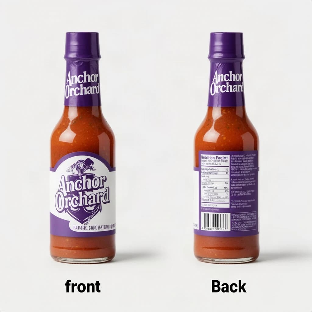 Printed poster: one hot-sauce bottle in two views. The views are captioned "front" and "back" in that order. The wordmark "Anchor Orchard" appears on every view. The purple-and-white coloring is the same across every view, and only the angle changes.