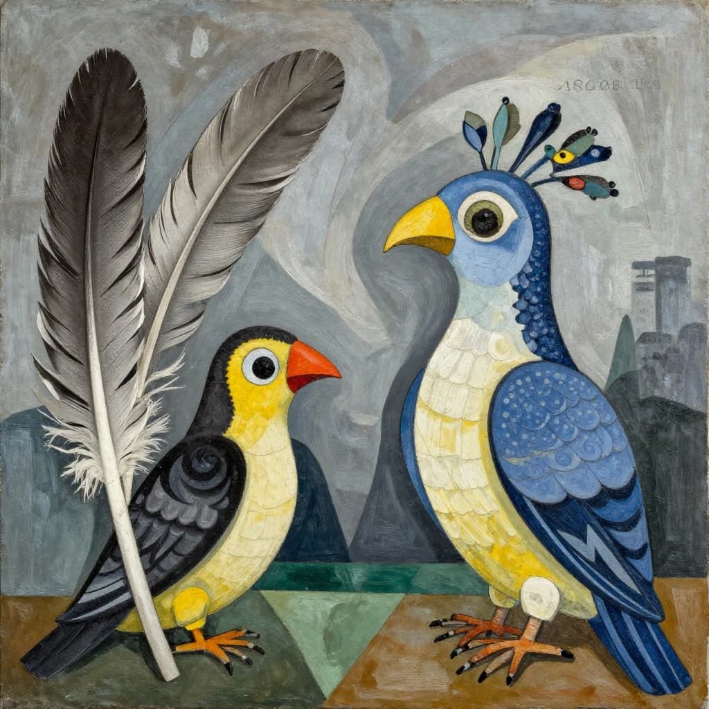Flight Feather and Catalufa in Hanoi, Vietnam in the style of cubist