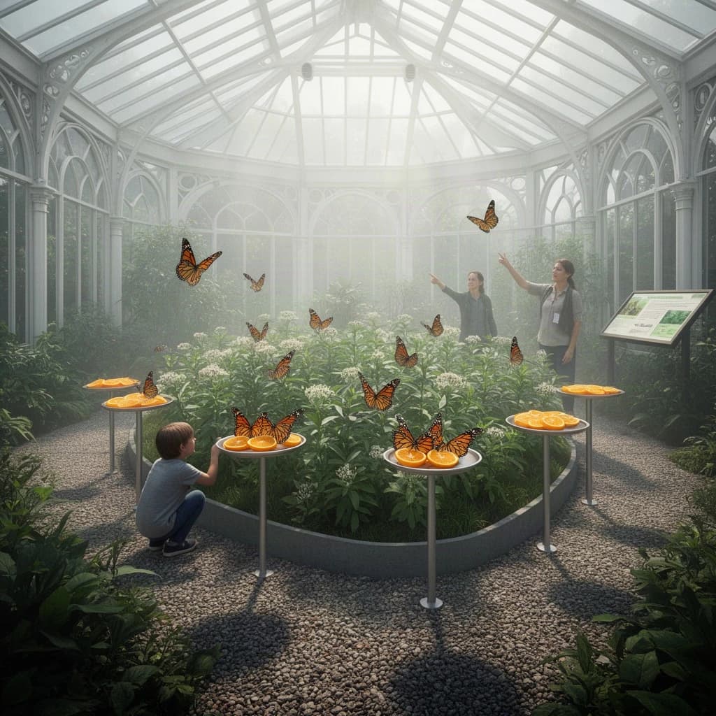 Interior render of a glasshouse butterfly conservatory, white cast iron arches and misted glass, humid morning light.
A raised planting bed spirals through the centre with a gravel path running around it. Five feeding stations on slim posts stand along the path, each holding a shallow dish of orange slices: monarch butterflies cluster on three of the dishes while two are untouched. Seven more monarchs rest on the milkweed in the bed and two are in flight above the path. Three visitors in the room, a child crouching at the nearest feeding station, an adult behind her pointing upward, and a guide standing at the far end beside an information board. Fine mist drifting near the roof vents. Physically based render.