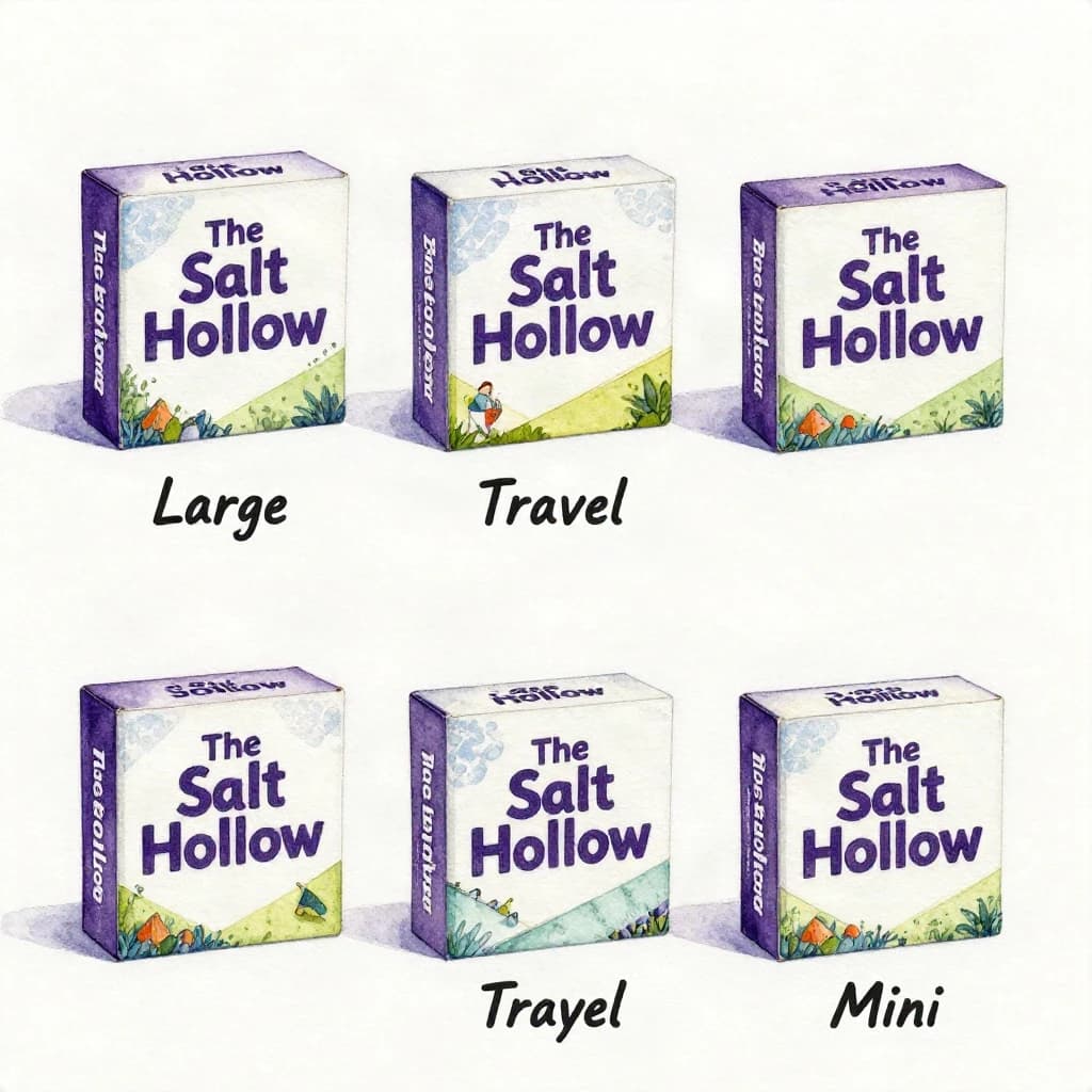 Watercolor of the same board-game box drawn in three editions, captioned "Large", "Travel" and "Mini", every edition carrying the wordmark "The Salt Hollow" in the same purple-and-white coloring, only the box size changing.