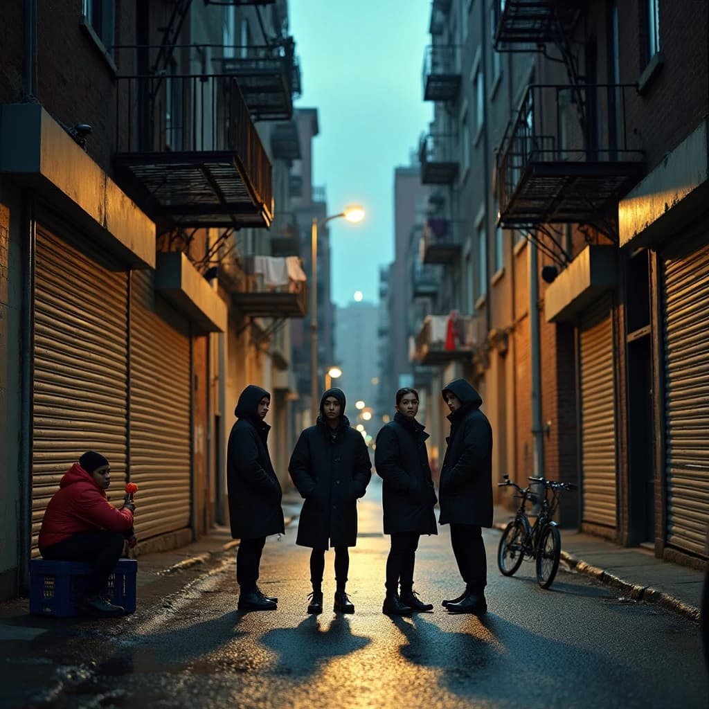 Cinematic photograph for a streetwear campaign, shot straight down a narrow rain-slick alleyway at dusk. Four models spread through the depth of the frame: the nearest crouches on a milk crate in a red puffer, two stand mid-alley in matching black coats, one leaning on a roll-up shutter and one holding a lollipop, and the farthest stands under the single working lamp in white. Three of the six fire escapes above carry laundry lines; the rest are bare. A delivery bike lies on its side between the two middle models. Blurred street traffic only at the far end.