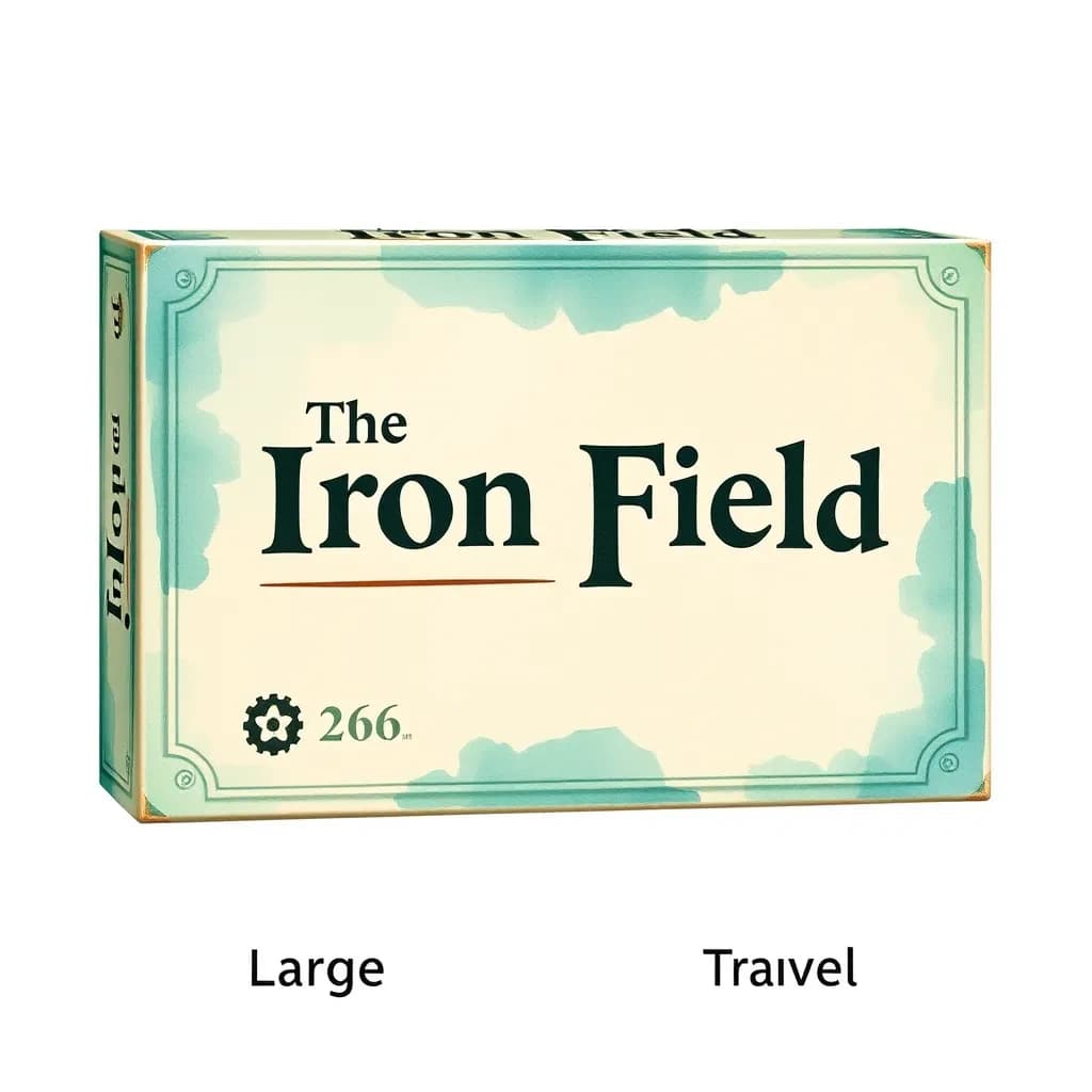 Watercolor: one board-game box in two editions. The editions are captioned "Large" and "Travel" in that order. The wordmark "The Iron Field" appears on every edition with a six-tooth gear mark beside it. The teal-and-cream coloring is the same across every edition, and only the box size changes.