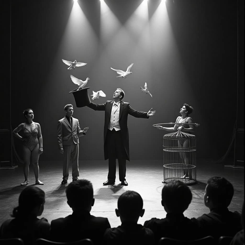 Black and white theatre still, harsh footlights raking up from below. A magician in tails stands centre stage releasing two doves from an upturned top hat, a third dove already perched on his left shoulder and a fourth settling on the wire cage at stage right. To his right an assistant in a sequined leotard holds a swaying hoop; to his left a boy in a bellhop uniform kneels holding the hat's velvet cover. In the front row, five silhouetted heads, only the second from the left leaning forward. Deep contrast, heavy silver grain, smoke drifting through the beams.