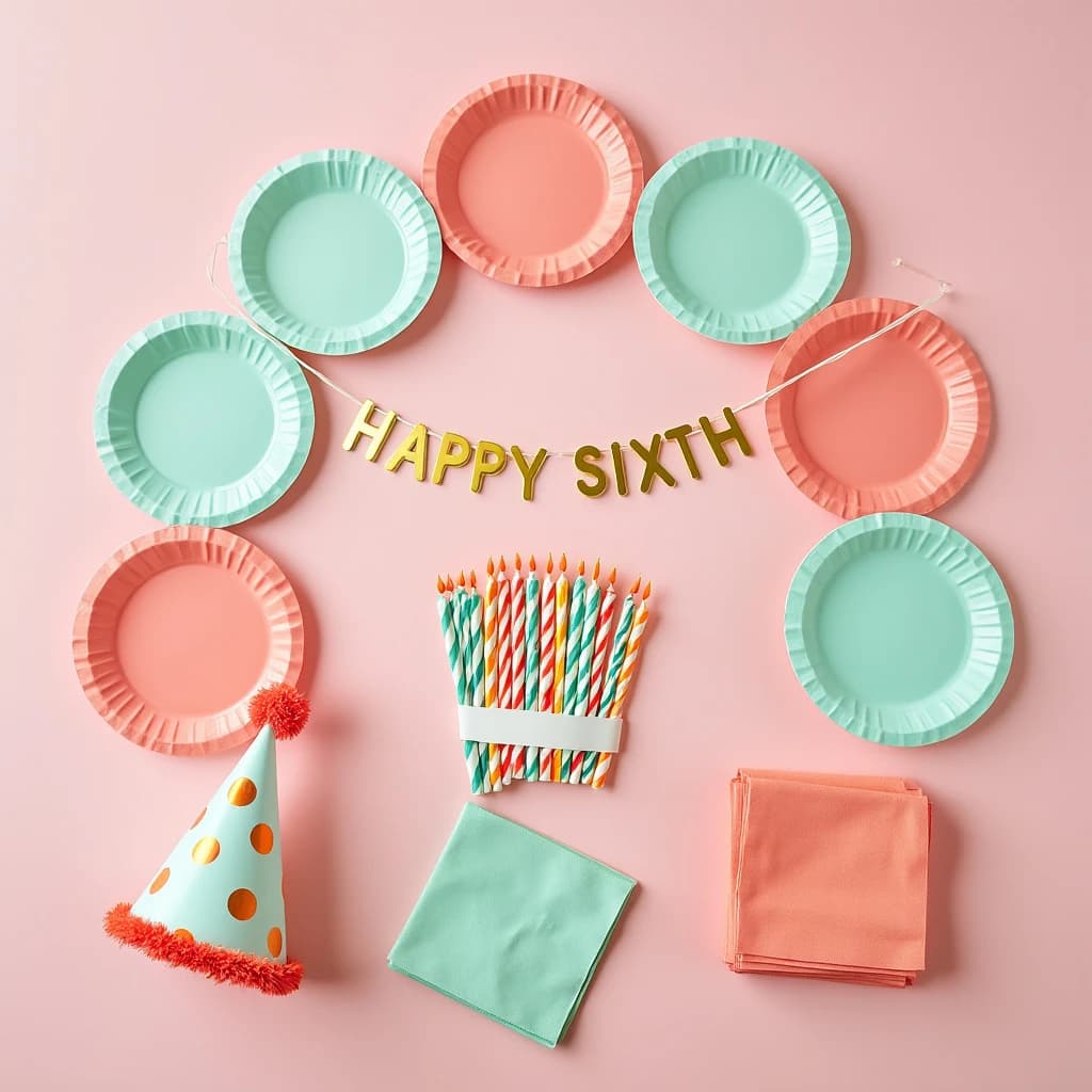 Flat lay photograph on pale pink paper, lit softly from above.
Eight paper plates fanned in an arc across the top of the frame, alternating mint and coral, four of each, mint first from the left.
Below the arc, twelve striped candles bundled under a paper band, laid diagonally.
Three cone party hats stacked at the lower left, only the middle hat trimmed with a pom pom.
At the lower right, six folded napkins in two piles of three, one pile mint and one coral.
A paper banner strung across the very top spells "HAPPY SIXTH" in gold letters, a few letters overlapping the plate arc.