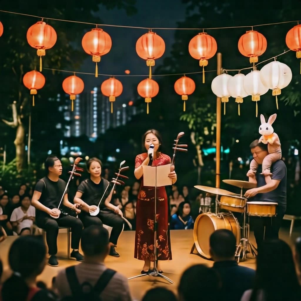Concert photography, a Mid-Autumn Festival night in a Hong Kong park, shot from inside the crowd toward a low stage lit by warm floods. A singer at the centre microphone holds a note with both hands off the stand; on her left two erhu players sit side by side, on her right a single drummer stands. Eleven paper lanterns hang above the stage, the seven red ones strung in a line and the four white ones clustered at the right end. In the near foreground, out of focus, a child on a father's shoulders holds a rabbit lantern.