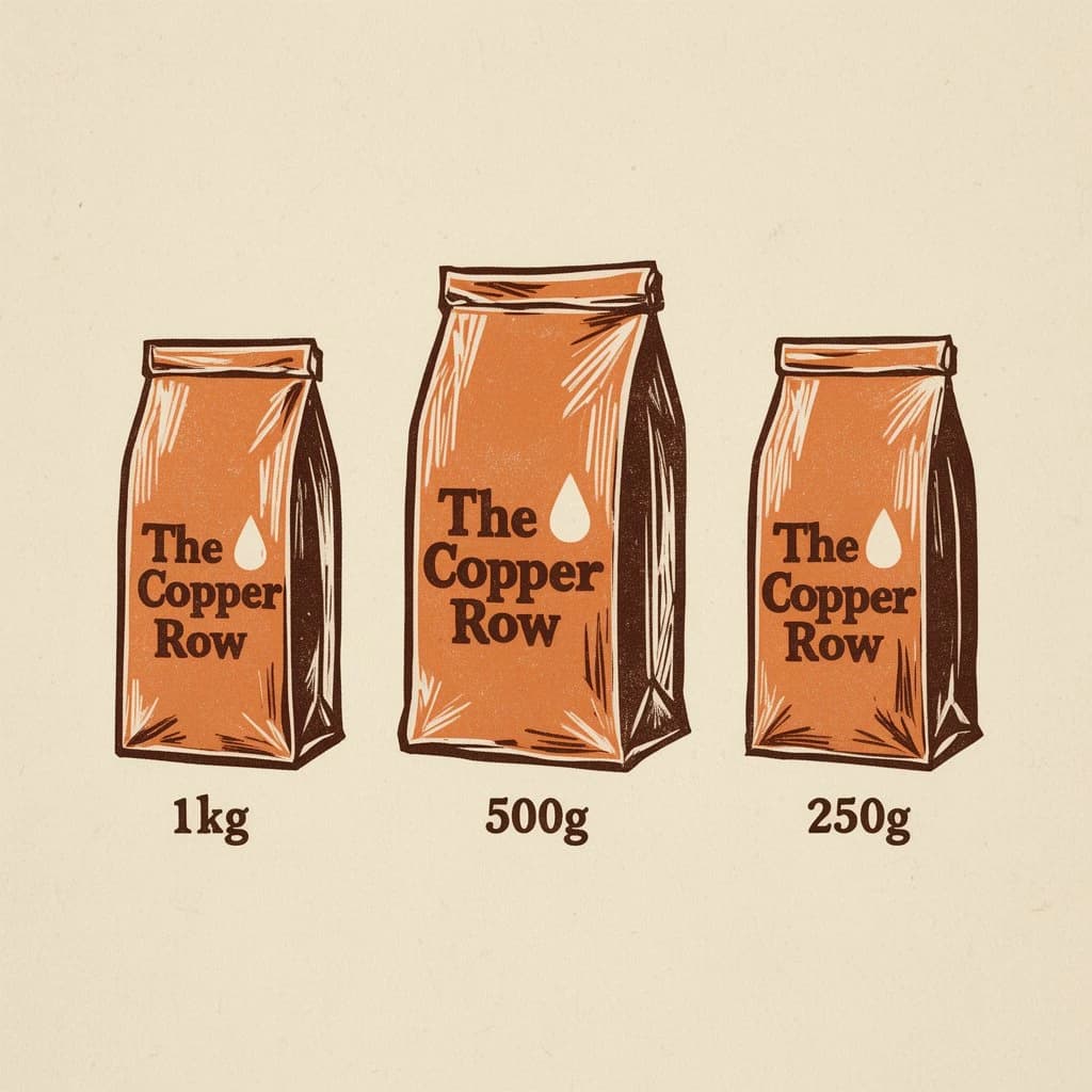 Linocut print: one coffee bag in three sizes. The sizes are captioned "1kg", "500g" and "250g" in that order. The wordmark "The Copper Row" appears on every size with a single droplet symbol beside it. The orange-and-brown coloring is the same across every size, and only the bag size changes.