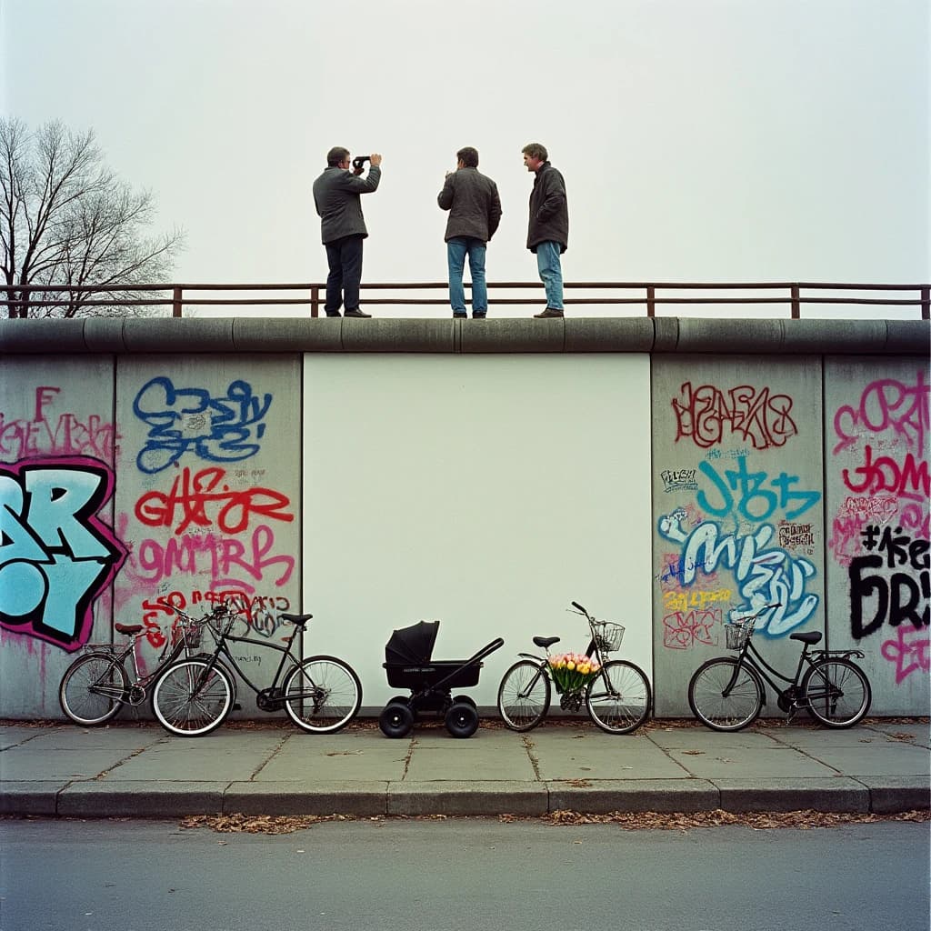 Shot on 1970s Kodachrome era color film, warm grain and slightly faded reds. A stretch of the Berlin Wall on a grey afternoon, covered in overlapping graffiti with one clean unpainted panel in the middle. Three people stand on a wooden viewing platform at the left, two of them looking over the top through binoculars while the third has turned back toward the camera with a cigarette. Four bicycles lean along the base of the wall, three upright and one fallen on its side. A pram is parked below the clean panel with a small bunch of tulips wedged into a crack above it. No cars in the frame.