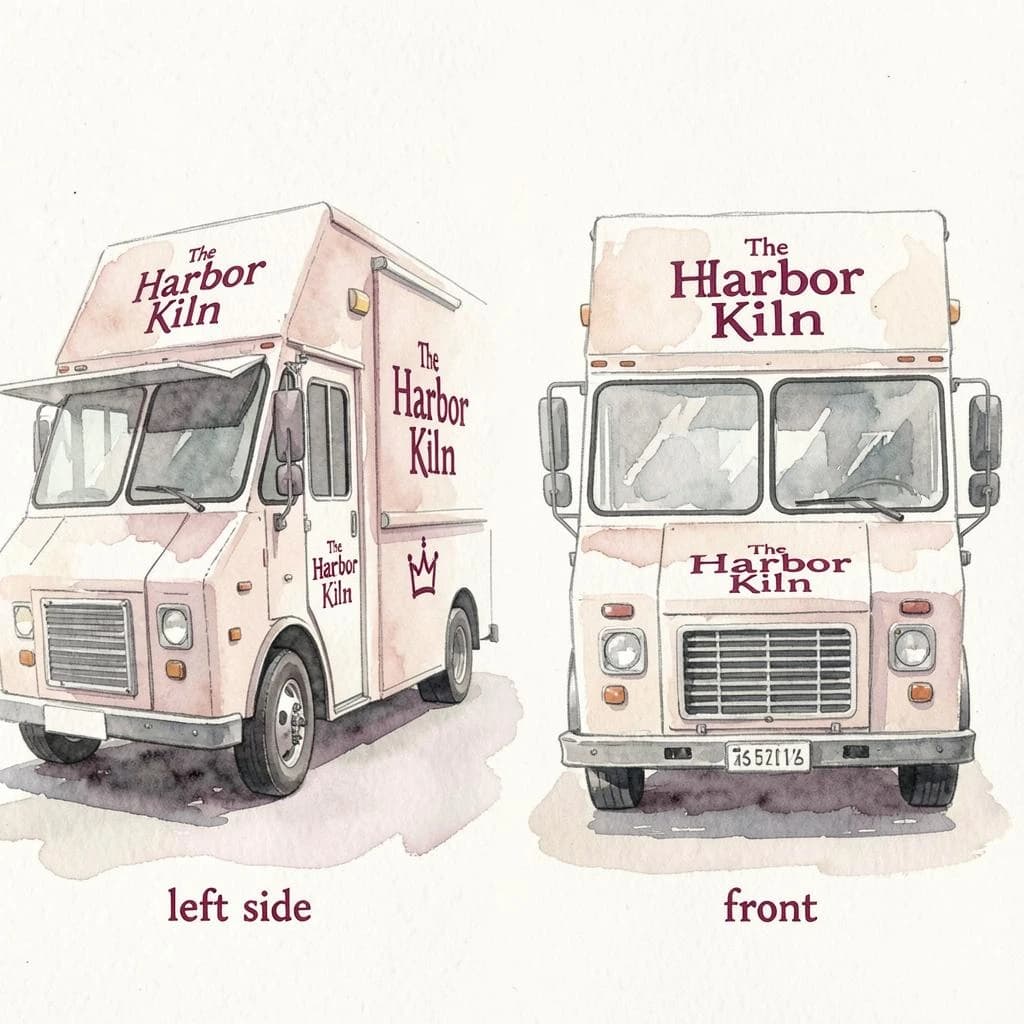 Watercolor of the same food truck drawn in two sides, captioned "left side" and "front", every side carrying the wordmark "The Harbor Kiln" with a simple crown outline beside it in the same maroon-and-gray coloring, only the side changing.