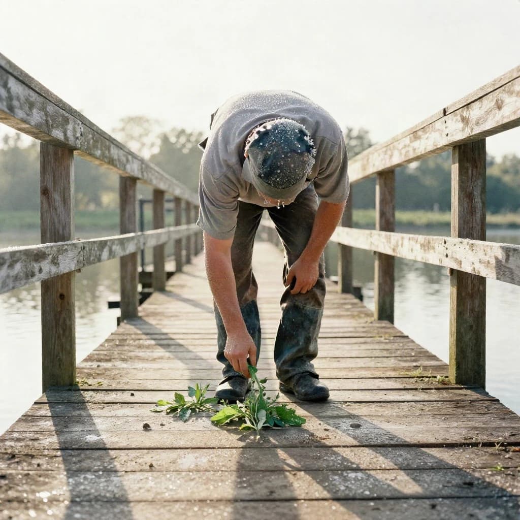 A gardener covered in morning dew on a wooden pier, in dappled afternoon light, low-angle view, watercolor style.