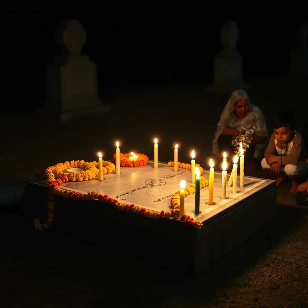 Photojournalism frame from a cemetery vigil at night: one grave slab carrying seven marigold garlands and nine lit candles, three of the candles guttered out and smoking, a grandmother and two children kneeling along the near edge.