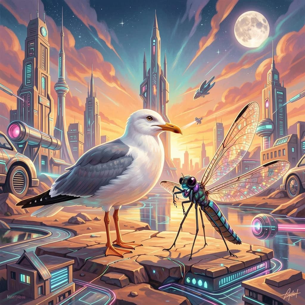 Seagull and Odonate in Khartoum, Sudan in the style of futurism