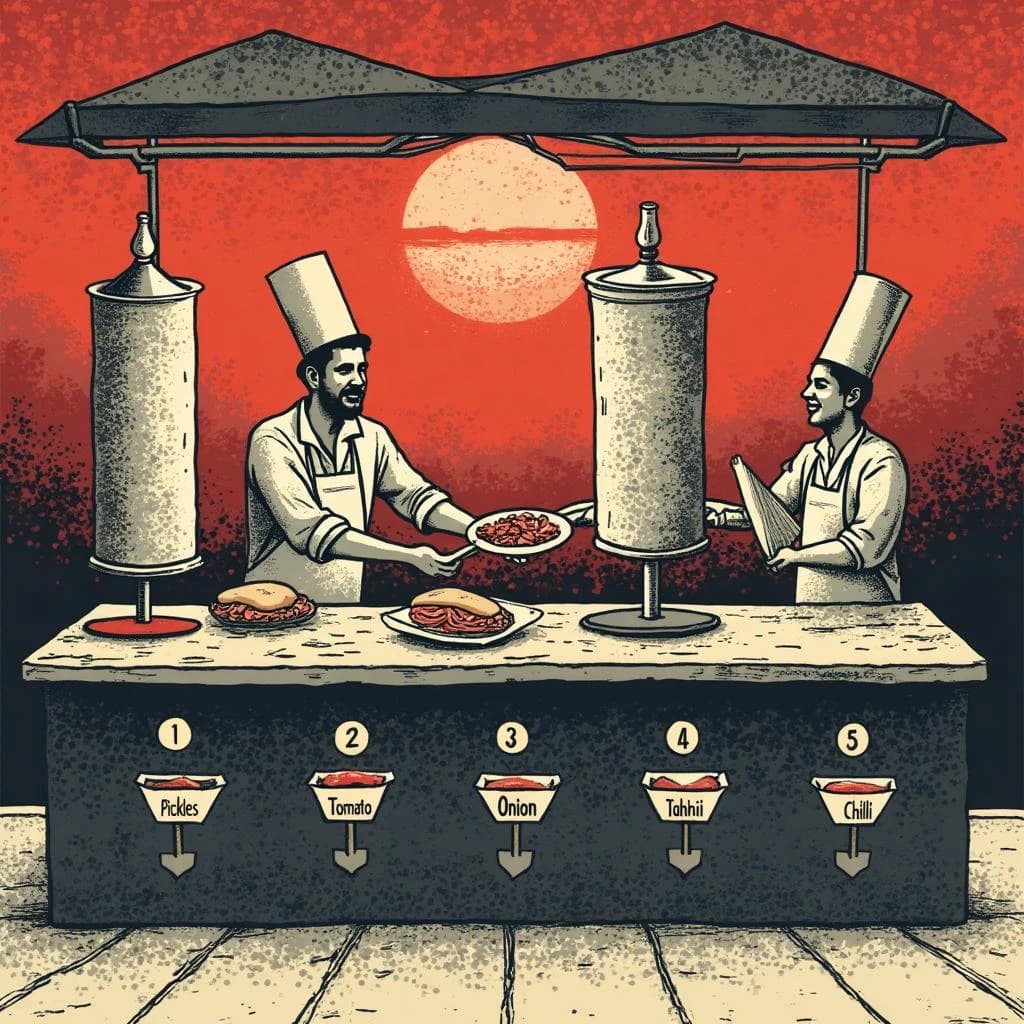 Editorial halftone print diagram of a street shawarma stall at dusk, printed in charcoal, warm red and cream dots. Two vertical spits stand side by side behind the counter, chicken on the left and lamb on the right, the lamb cone noticeably wider. One cook shaves meat from the lamb into a tray while a second cook passes a wrapped sandwich across the counter to a customer. Five garnish bins run along the counter labelled "Pickles", "Tomato", "Onion", "Tahini", "Chilli", with numbered callouts one to five pointing at them.