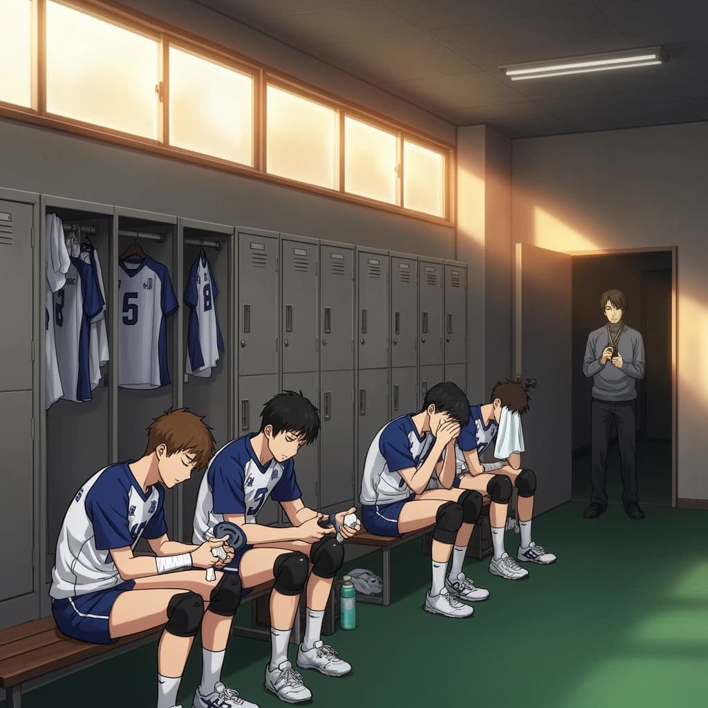 Modern anime interior for a high school volleyball series, wide view down a team locker room after practice. Eight lockers along the back wall in two banks of four, the three on the far left hanging open with jerseys spilling out and the rest shut. Four players occupy the foreground bench: the setter re-taping two fingers, the libero pulling on a knee sleeve, the captain reading a clipboard, and a first year asleep sitting upright with a towel over his face. A coach stands in the right doorway holding a whistle, half in shadow. Warm late-sun bars fall through high frosted windows, cel shading, clean bold linework.
