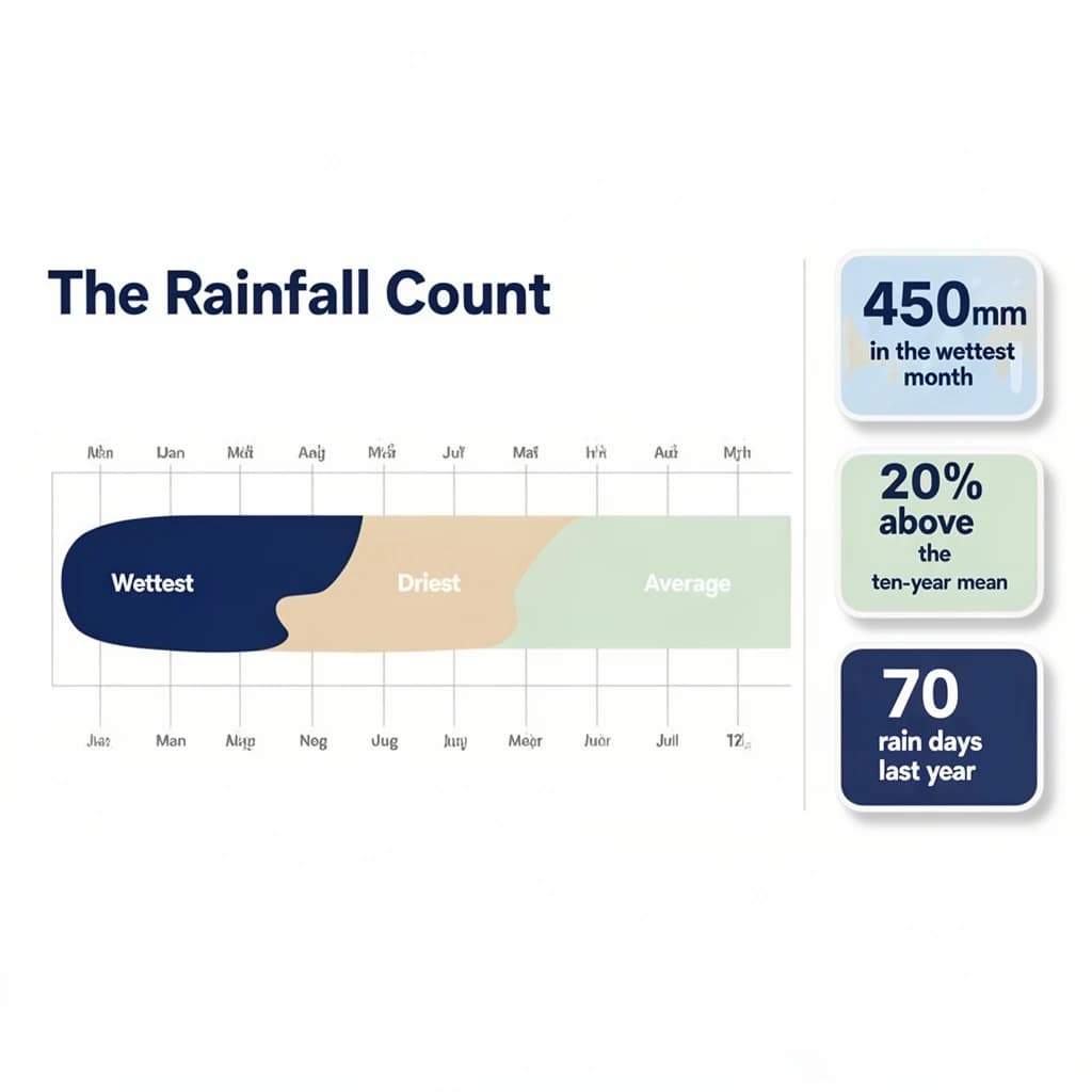 Printed poster titled "The Rainfall Count": at the center a twelve-month rainfall timeline, carrying three keyed regions, "Wettest" shaded dark blue, "Driest" shaded sand and "Average" shaded pale green, beside a right column of three stat chips reading "450mm in the wettest month", "20% above the ten-year mean" and "70 rain days last year".