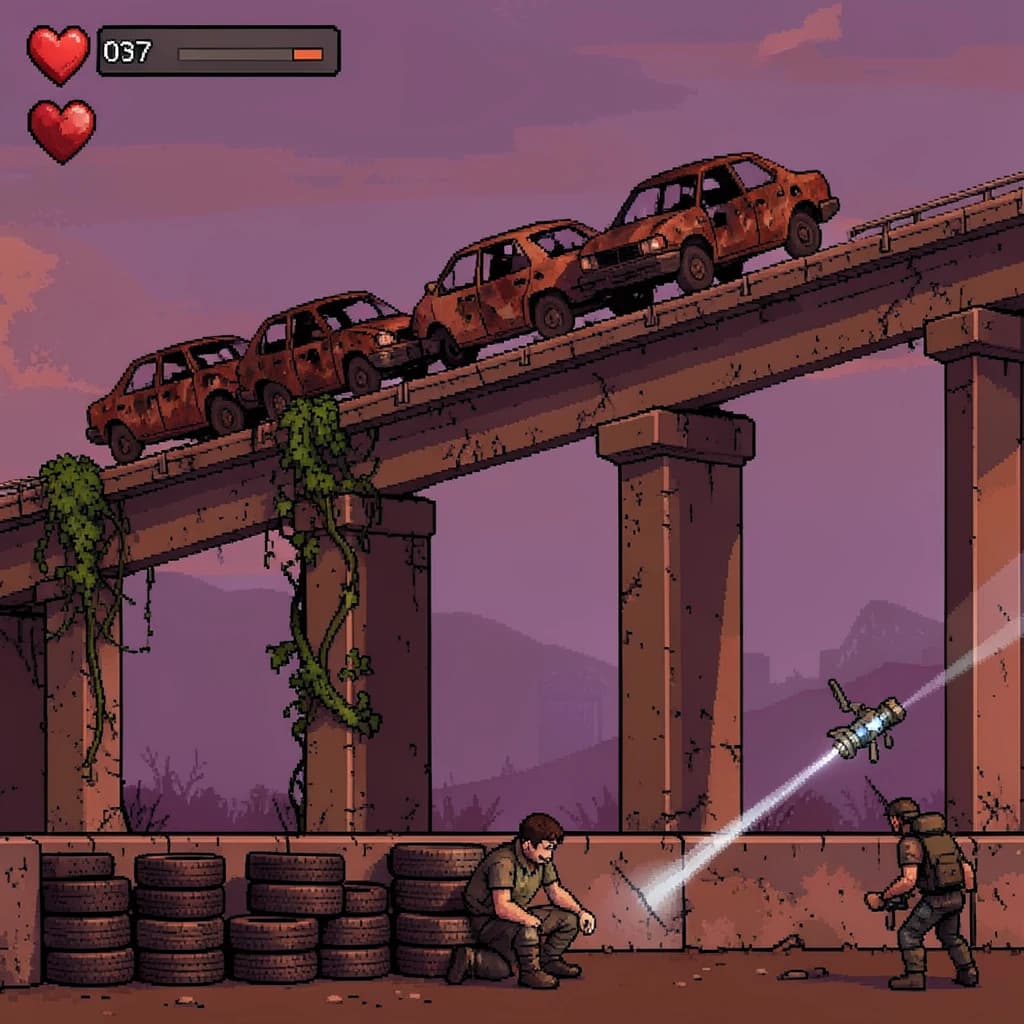 Side-scrolling pixel art screenshot from a post-apocalyptic survival platformer, dusk palette of rust and violet. A collapsed highway overpass cuts diagonally across the frame on four concrete support pillars, the second from the left snapped in half and wrapped in vines. On the deck above sit three burnt-out cars nose to tail, only the middle one still upright. Below, the player crouches behind a barricade of five stacked tires while two scavenger drones sweep flashlight cones in from the right. Top-left interface: three heart icons with the last half empty, a scrap counter reading "037", and a thin compass strip.