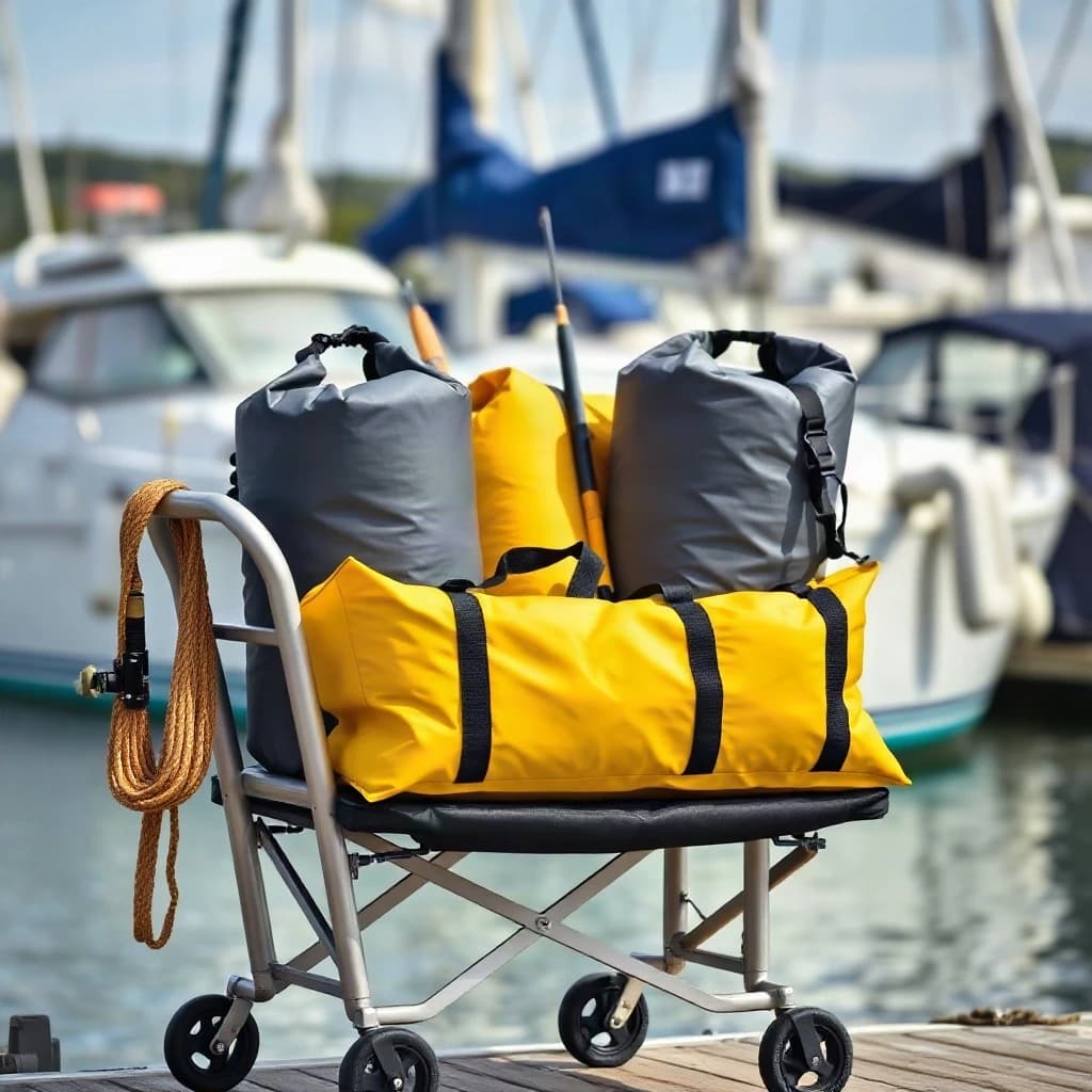 Lifestyle listing photo on a marina dock: a folding dock cart holding three dry bags, the largest yellow and the two smaller ones grey, two fishing rods leaning against the handle, and one coiled dock line hanging from the front rail. Masts blurred behind.
