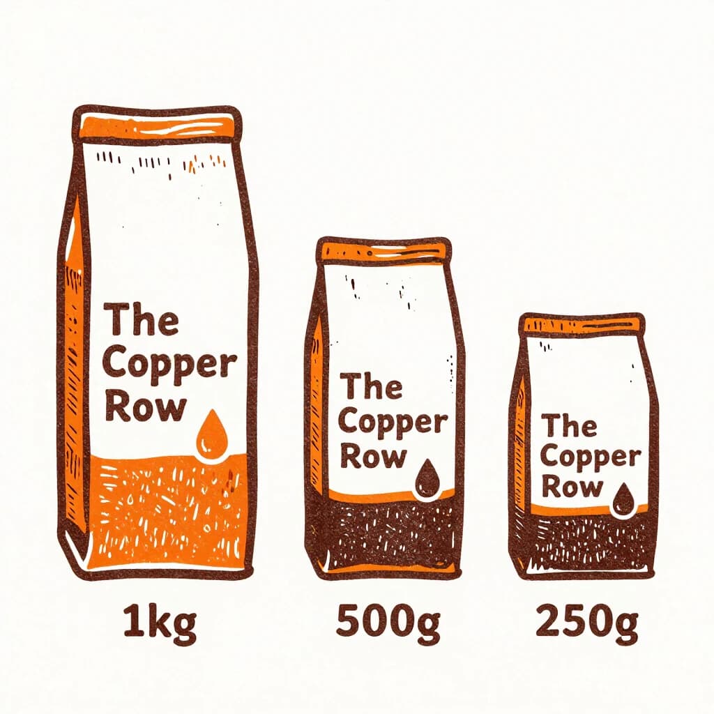 Linocut print: one coffee bag in three sizes. The sizes are captioned "1kg", "500g" and "250g" in that order. The wordmark "The Copper Row" appears on every size with a single droplet symbol beside it. The orange-and-brown coloring is the same across every size, and only the bag size changes.