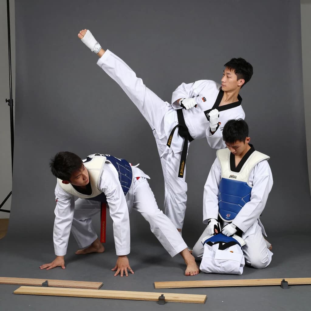 Studio photography, stunt and costume reference on a seamless charcoal backdrop, one hard key from camera left. Three taekwondo athletes in a tight diagonal: the tallest, in a white uniform with a black belt, holds a side kick frozen at chest height; the shortest, in navy with a red belt, ducks under it with both palms flat on the floor; the third kneels behind them fastening a blue chest guard onto a folded uniform. Two snapped pine boards lie at the front edge of the frame, a third board still whole in a holder's gloved hands.
