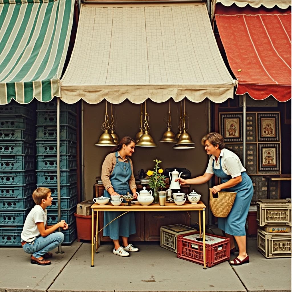 Glass tile mosaic of a Sunday flea market seen from a slightly raised angle, small square tesserae and warm terracotta grout. Three stall awnings in a row: the left one striped green and white over stacked vinyl crates, the middle plain canvas over six brass lamps with only the two tallest wearing shades, the right red awning hung with nine framed pictures in three rows of three. Under the middle awning a vendor in an apron hands a teapot across the table to a woman holding a straw basket, while a boy crouches at her feet by a crate of records. No lettering anywhere.