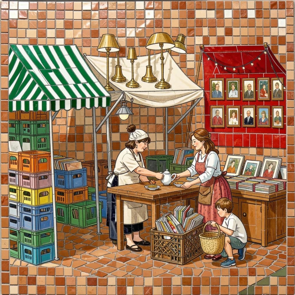 Glass tile mosaic of a Sunday flea market seen from a slightly raised angle, small square tesserae and warm terracotta grout. Three stall awnings in a row: the left one striped green and white over stacked vinyl crates, the middle plain canvas over six brass lamps with only the two tallest wearing shades, the right red awning hung with nine framed pictures in three rows of three. Under the middle awning a vendor in an apron hands a teapot across the table to a woman holding a straw basket, while a boy crouches at her feet by a crate of records. No lettering anywhere.