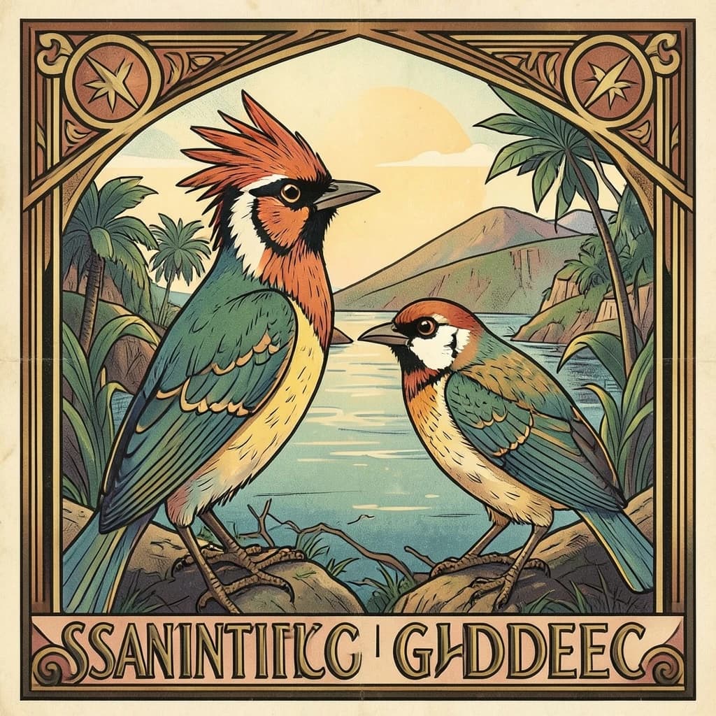 Crested Myna and Gudgeon in Santiago, Chile in the style of art deco