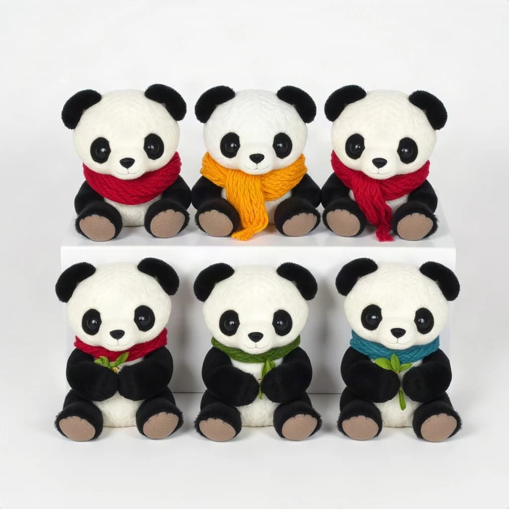 Studio product photography, plain white variant grid: six panda plushes in two rows of three, all seated facing camera. The top row wears knit scarves in red, mustard and teal. The bottom three wear no scarves, each holding a small felt bamboo shoot.