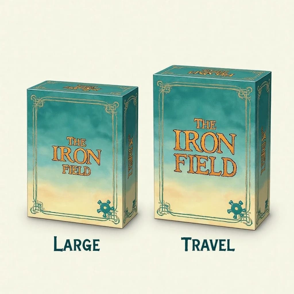 Watercolor: one board-game box in two editions. The editions are captioned "Large" and "Travel" in that order. The wordmark "The Iron Field" appears on every edition with a six-tooth gear mark beside it. The teal-and-cream coloring is the same across every edition, and only the box size changes.