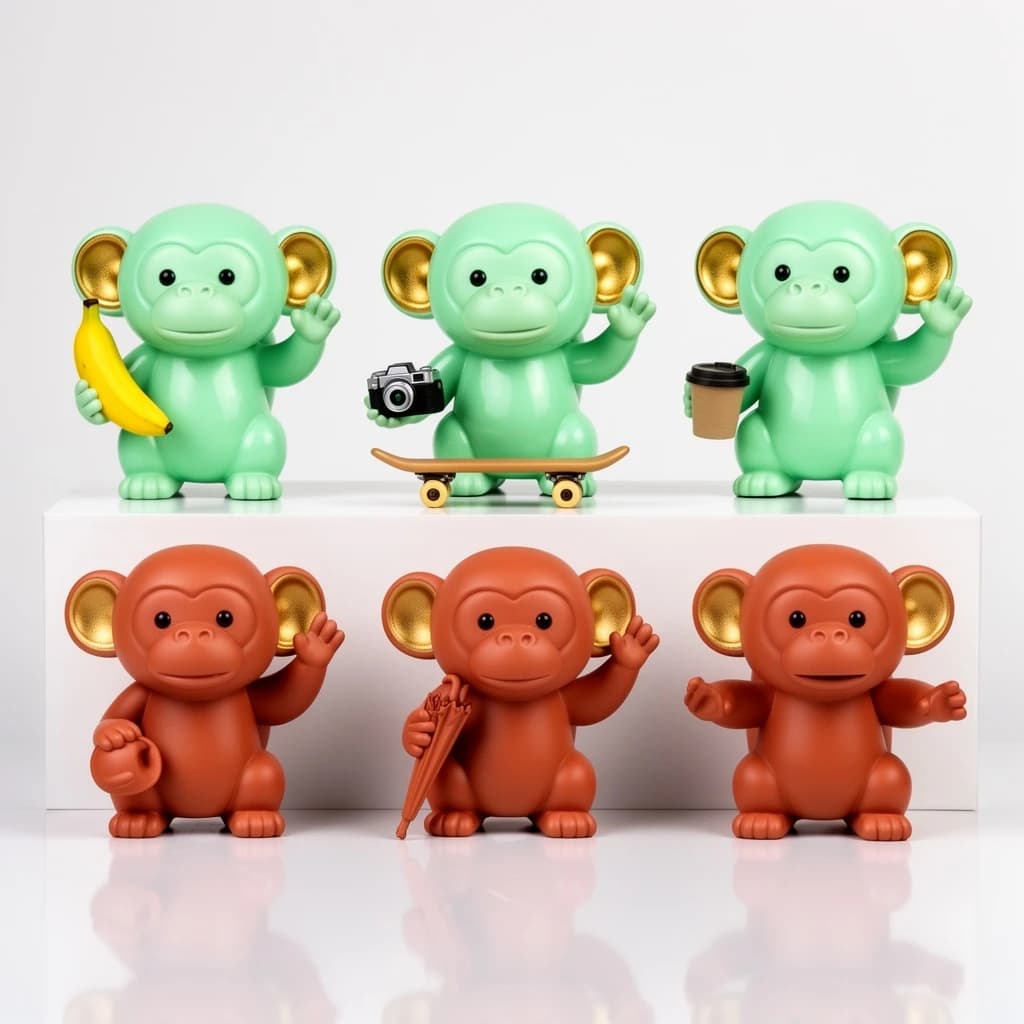 Vinyl designer toy photography: six monkey figures on a glossy white riser, arranged in two rows of three. The back row is glossy mint green, the front row matte terracotta. Each monkey holds a different thing: a banana, a tiny camera, a skateboard, a coffee cup, an umbrella, and the last one holds nothing at all with both hands raised. Only the mint monkeys have gold-painted ears. Crisp studio lighting, tight reflections on the vinyl.