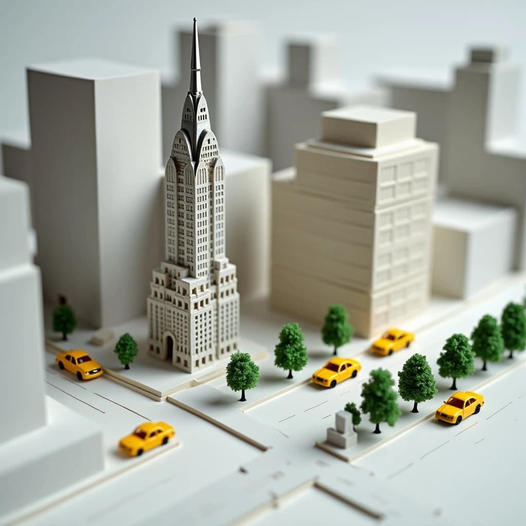 Tilt shift photograph of a hand built architectural scale model of a Midtown Manhattan block, studio lit from the upper left.
The Chrysler Building stands on the corner in polished silver card with its stepped crown and triangular windows. Directly across the street sits a proposed cream limestone tower, two floors shorter, topped by a stepped roof garden. Between them four smaller grey massing blocks in plain foam. Six tiny yellow cabs on the avenue, three stopped at the crossing and three queued behind, with a line of green model trees down the median.