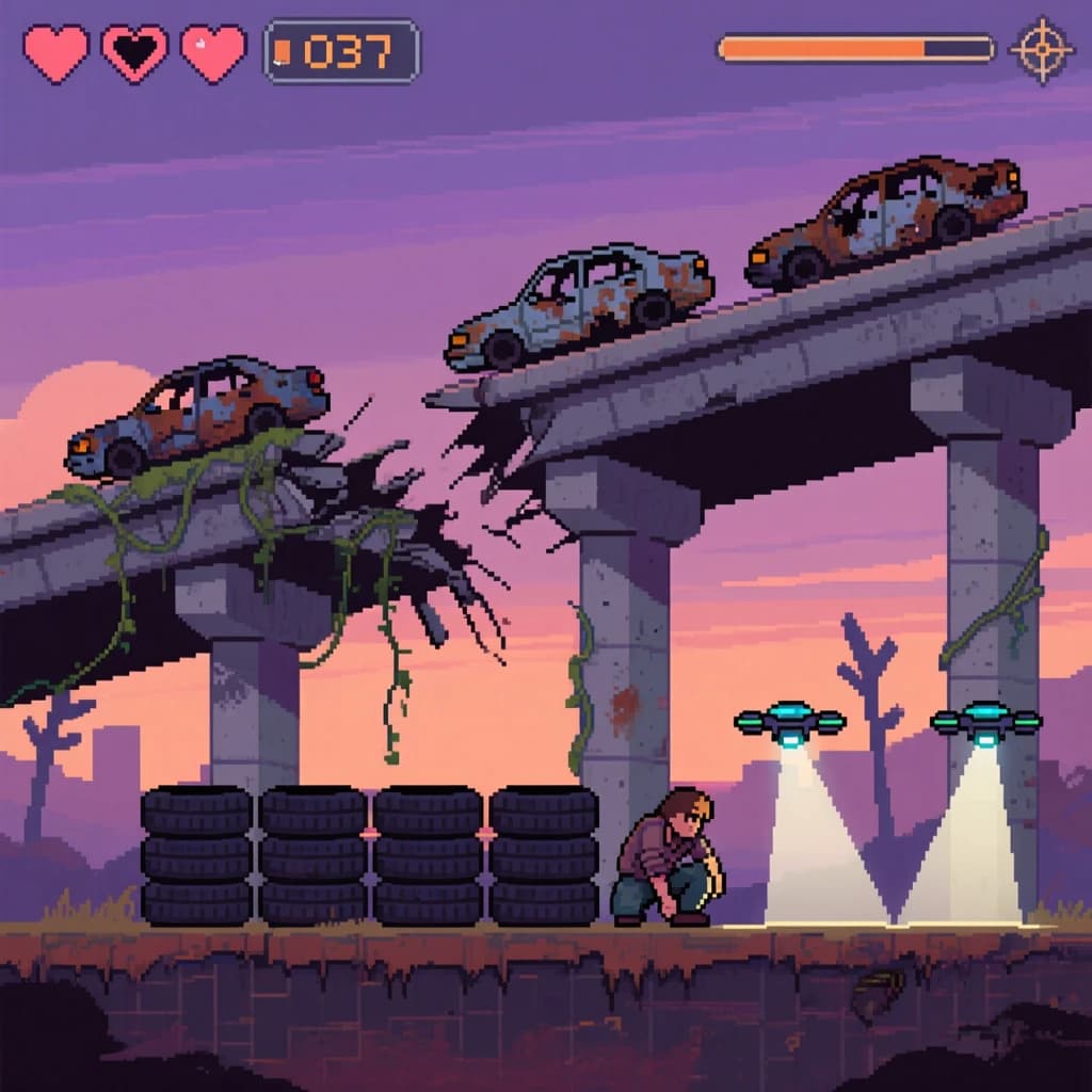 Side-scrolling pixel art screenshot from a post-apocalyptic survival platformer, dusk palette of rust and violet. A collapsed highway overpass cuts diagonally across the frame on four concrete support pillars, the second from the left snapped in half and wrapped in vines. On the deck above sit three burnt-out cars nose to tail, only the middle one still upright. Below, the player crouches behind a barricade of five stacked tires while two scavenger drones sweep flashlight cones in from the right. Top-left interface: three heart icons with the last half empty, a scrap counter reading "037", and a thin compass strip.