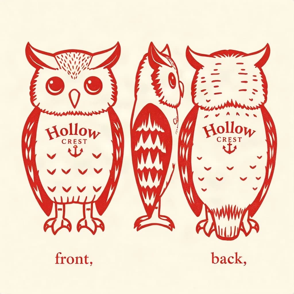 Linocut print: one bookstore owl mascot in three views. The views are captioned "front", "side" and "back" in that order. The wordmark "Hollow Crest" appears on every view with a small anchor mark beside it. The red-and-cream coloring is the same across every view, and only the angle changes.