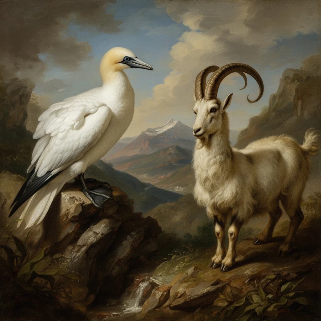 Gannet and Chamois in Bogotá, Colombia in the style of baroque