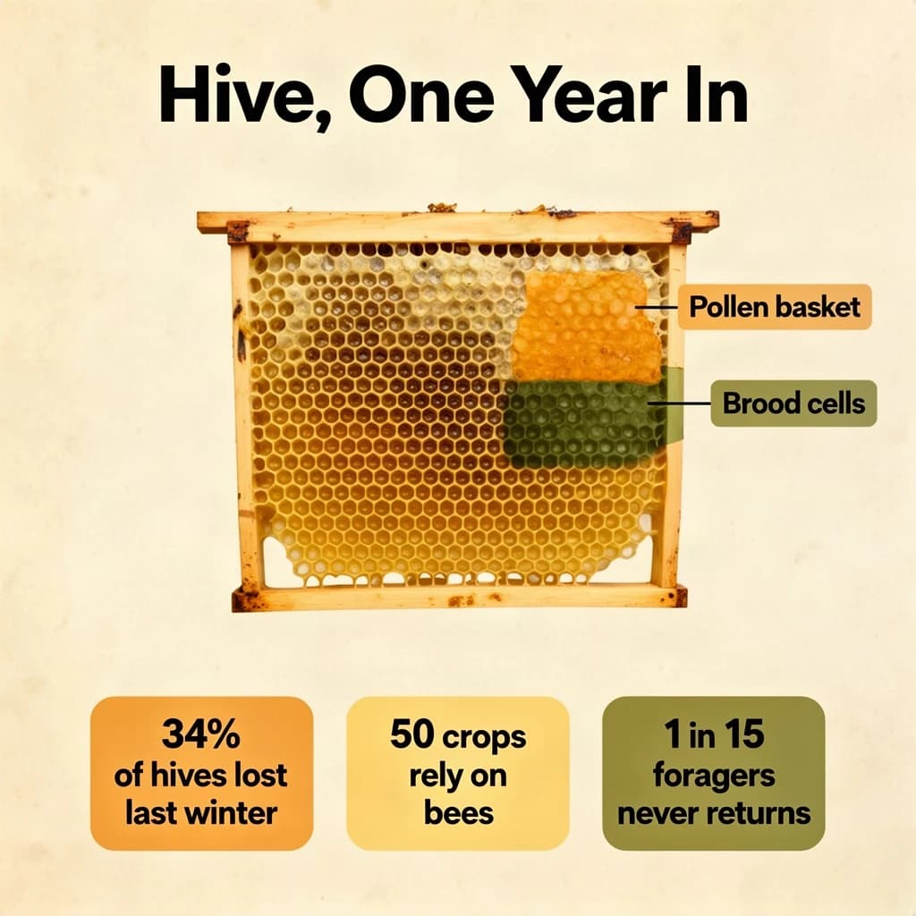 Printed poster titled "Hive, One Year In": at the center a cutaway of a hive frame, carrying two keyed regions, "Pollen basket" shaded amber and "Brood cells" shaded olive, beside a bottom row of three stat chips reading "34% of hives lost last winter", "50 crops rely on bees" and "1 in 15 foragers never returns".