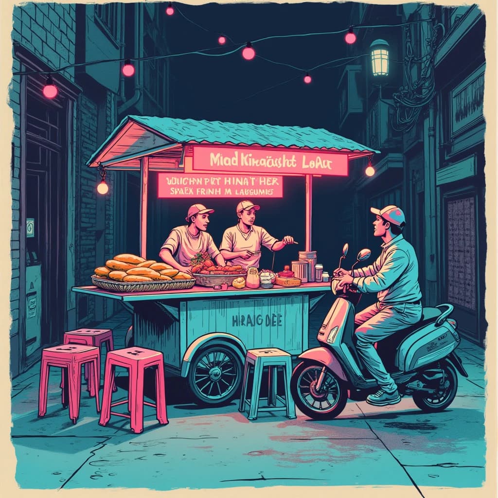 Two-color risograph print key art in fluorescent pink and teal with visible misregistration and paper grain, for a street food courier game. A night market alley: the banh mi cart at center with three baguettes standing upright in a basket and two more being sliced by the vendor, who hands one wrapped sandwich down to a courier straddling a scooter. Four plastic stools in front of the cart, three occupied and the one nearest the gutter tipped over. Two strings of bulbs cross overhead. A dog waits under the cart axle. The stall banner reads "Midnight Loaf".