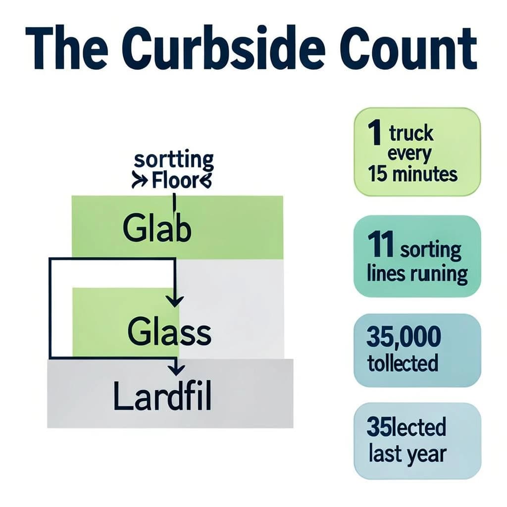 Printed poster titled "The Curbside Count": at the center a flow chart from curb to sorting floor, carrying two keyed regions, "Glass" shaded green and "Landfill" shaded gray, beside a right column of three stat chips reading "1 truck every 15 minutes", "11 sorting lines running" and "35,000 tons collected last year".