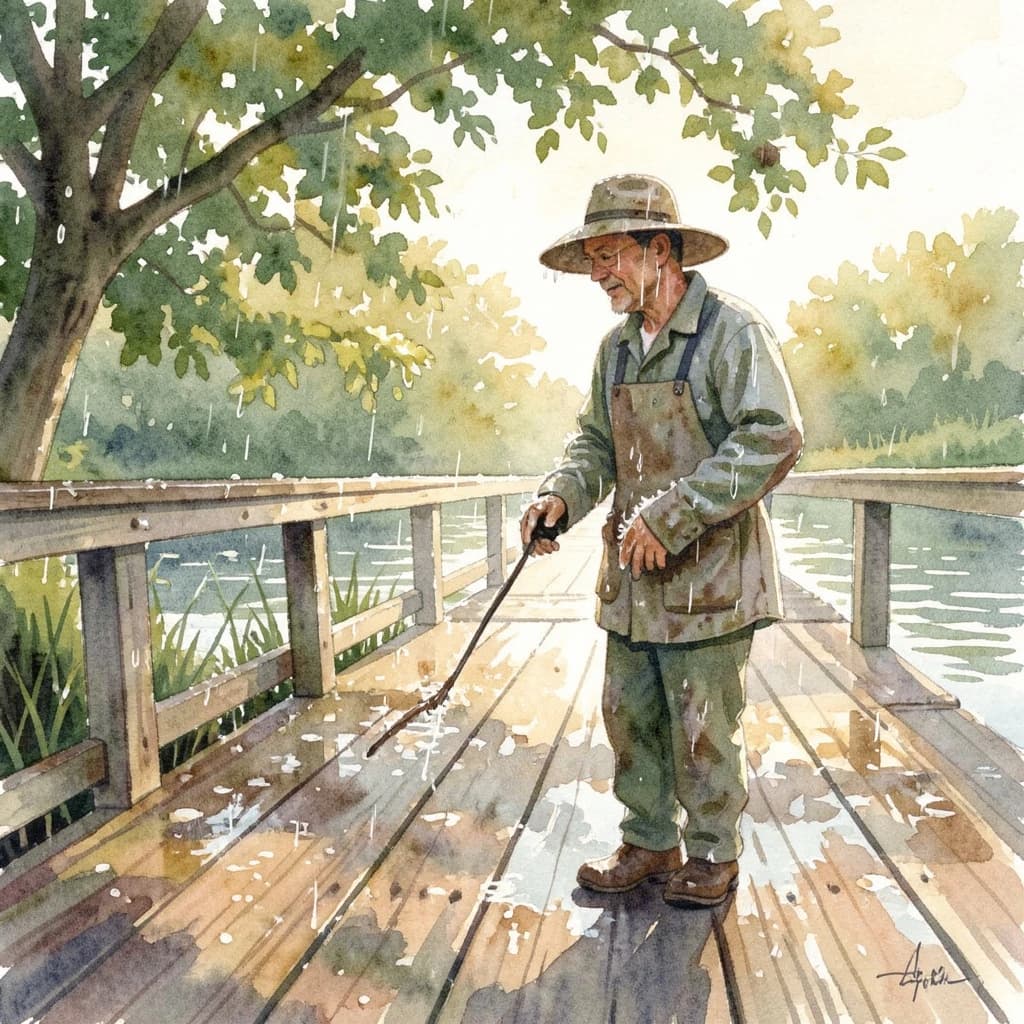 A gardener covered in morning dew on a wooden pier, in dappled afternoon light, low-angle view, watercolor style.