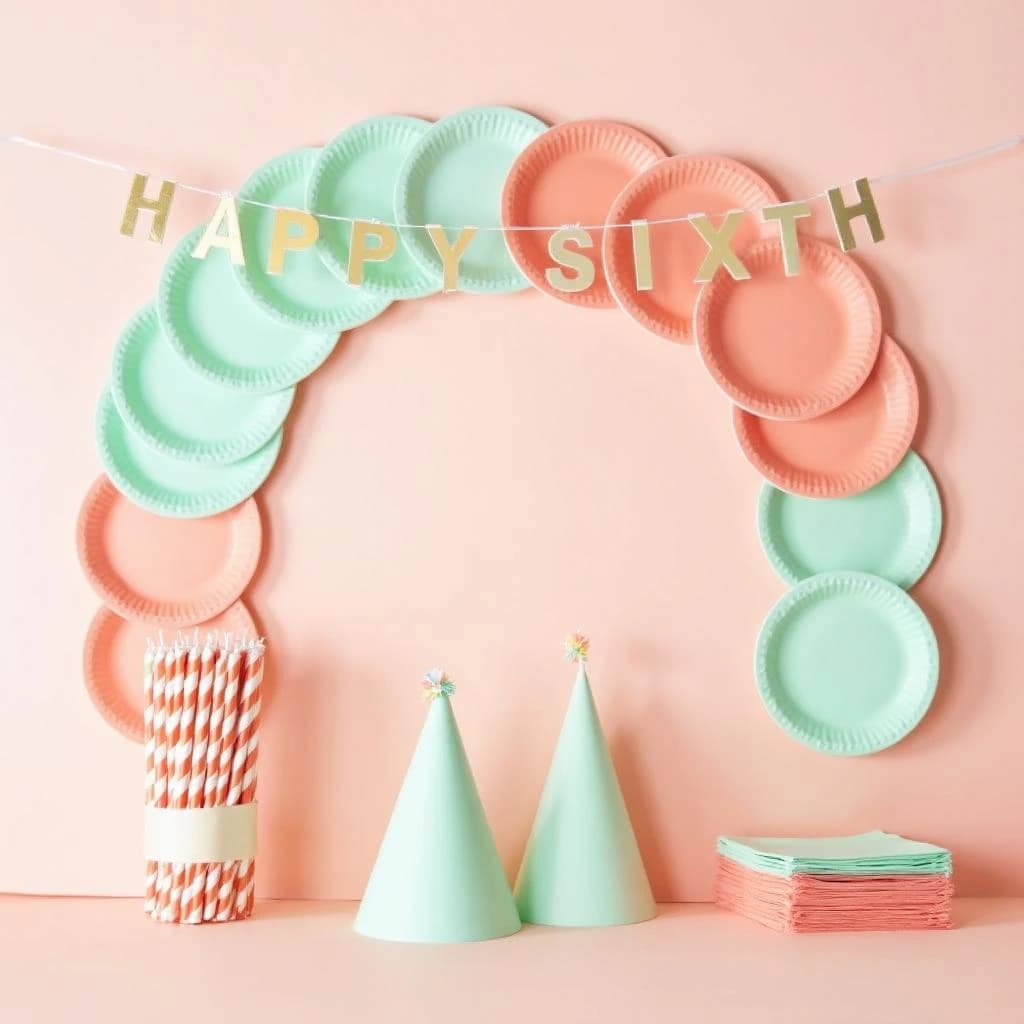 Flat lay photograph on pale pink paper, lit softly from above.
Eight paper plates fanned in an arc across the top of the frame, alternating mint and coral, four of each, mint first from the left.
Below the arc, twelve striped candles bundled under a paper band, laid diagonally.
Three cone party hats stacked at the lower left, only the middle hat trimmed with a pom pom.
At the lower right, six folded napkins in two piles of three, one pile mint and one coral.
A paper banner strung across the very top spells "HAPPY SIXTH" in gold letters, a few letters overlapping the plate arc.