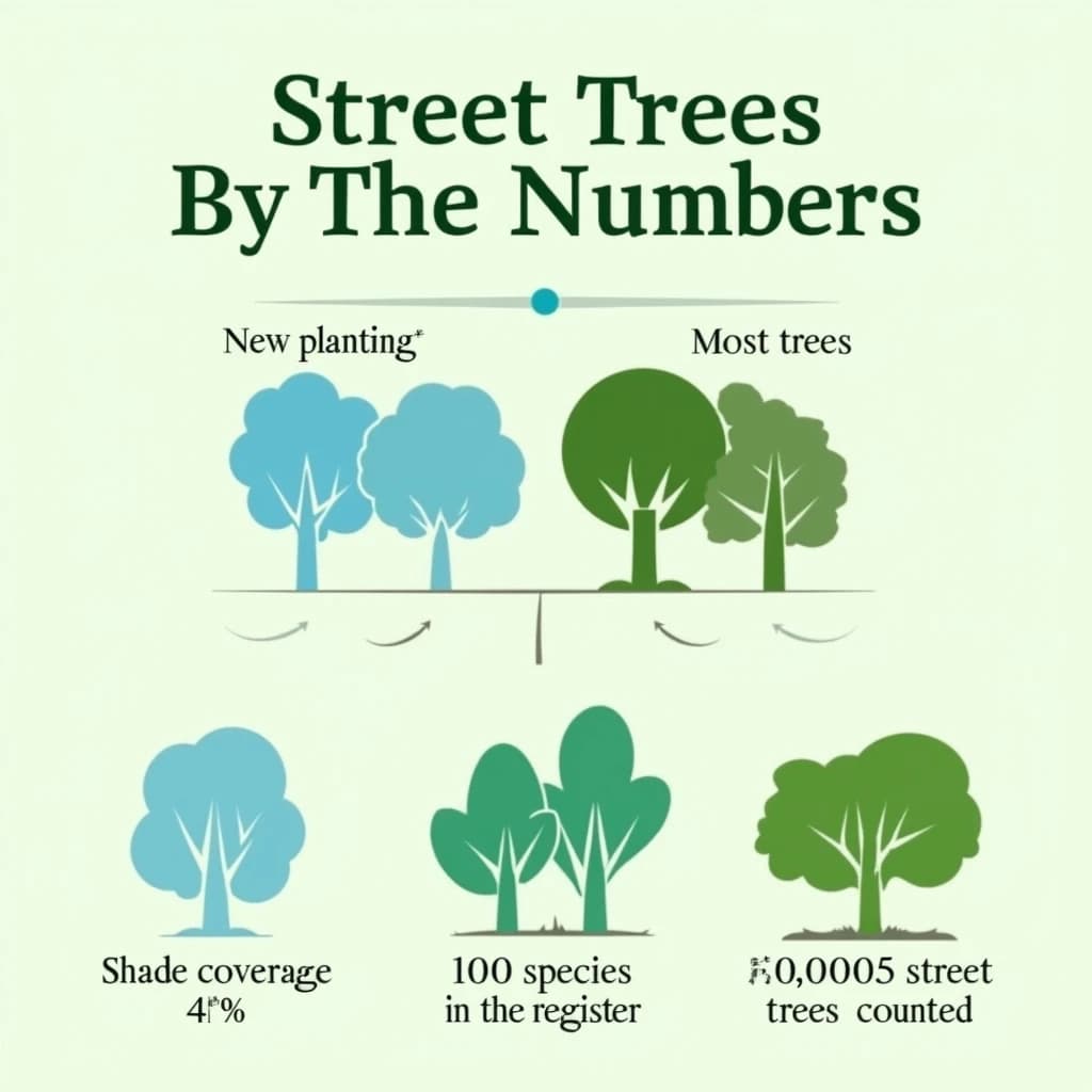 Flat infographic titled "Street Trees by the Numbers": at the center a labeled street-tree diagram, carrying two keyed regions, "New planting" shaded light blue and "Most trees" shaded dark green, beside a bottom row of three stat chips reading "44% shade coverage", "110 species in the register" and "51,000 street trees counted".