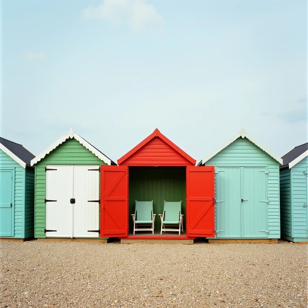 35mm film photo of seven beach huts in a row on a shingle bank. The three left huts are mint green with white doors, the middle one is red with its doors open showing two deckchairs inside, the three right huts are pale blue and shuttered.